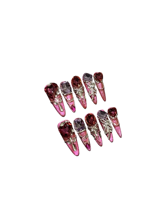 Luxury Pink Crystal Press On Nails Long Stiletto – 3D Rhinestone Gems Silver Settings Reusable Glam Nail Set 208