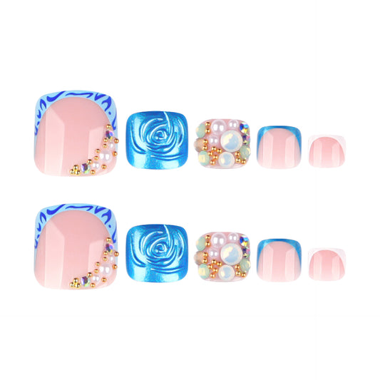 Nude Pink Press On Nails with Blue Flame 3D Rose Pearl Rhinestone Design Glossy Short Squoval Shape Luxury Romantic Full Cover False Nails Kit Reusable 130