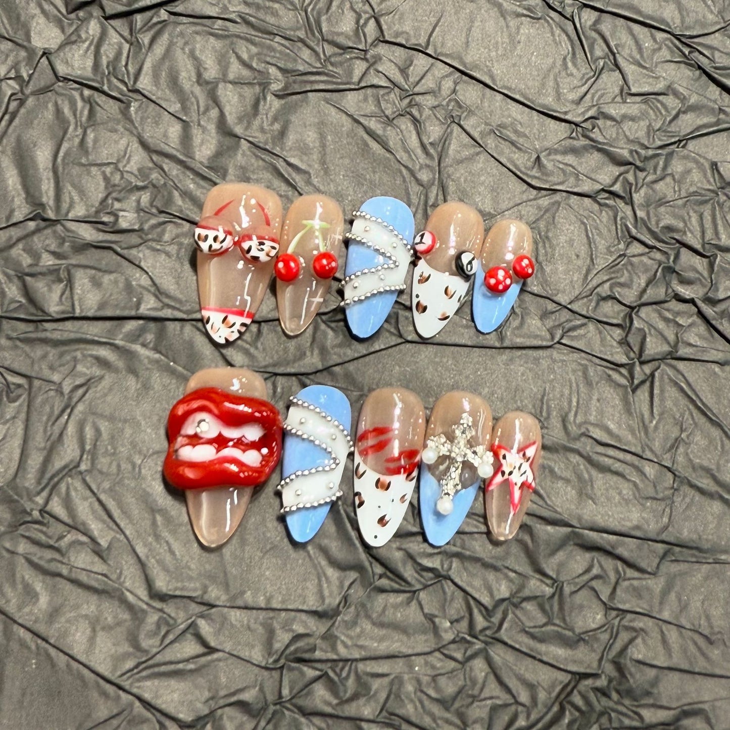 Y2K Inspired Press-On Nails – Ice Blue & Nude Leopard French Tip Almond Nails | 3D Cherry, Lip & Star Charms Reusable Nail Set 260