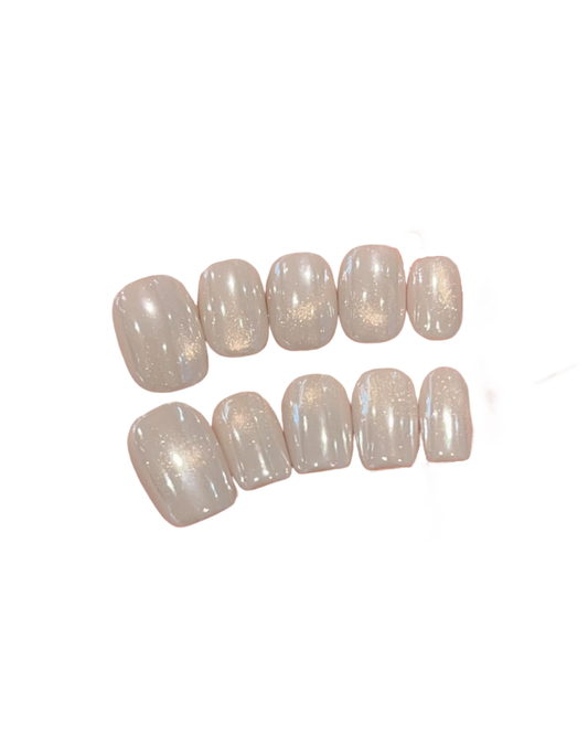 Milky White Aurora Press-On Nails – Sheer Jelly Pearl Glow Squoval Nails | Minimal Luxury Reusable Short Nail Set 276