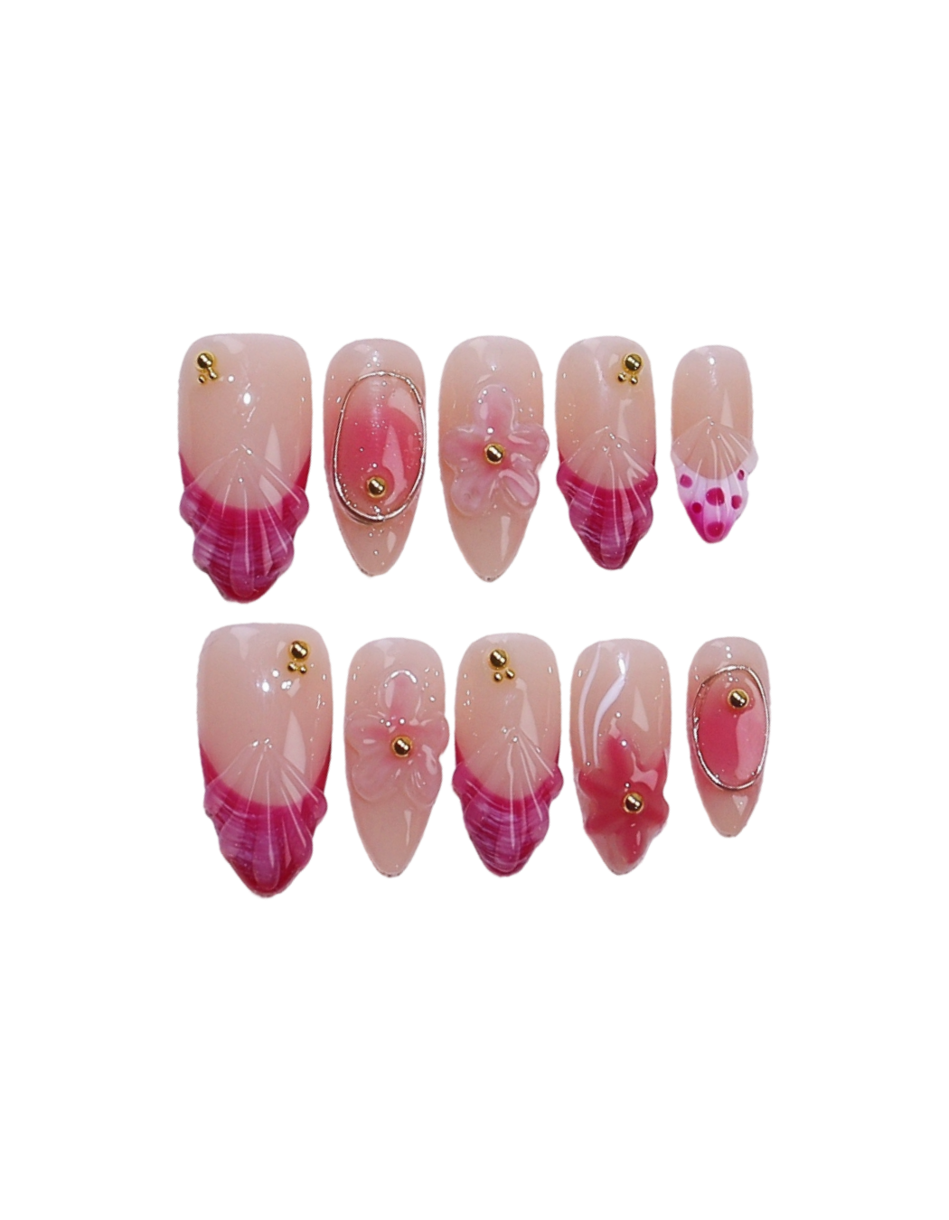 Pink Gradient 3D Petal Press-On Nails – Short Almond Handmade Romantic Nail Set with Gold Rings & Studs 226