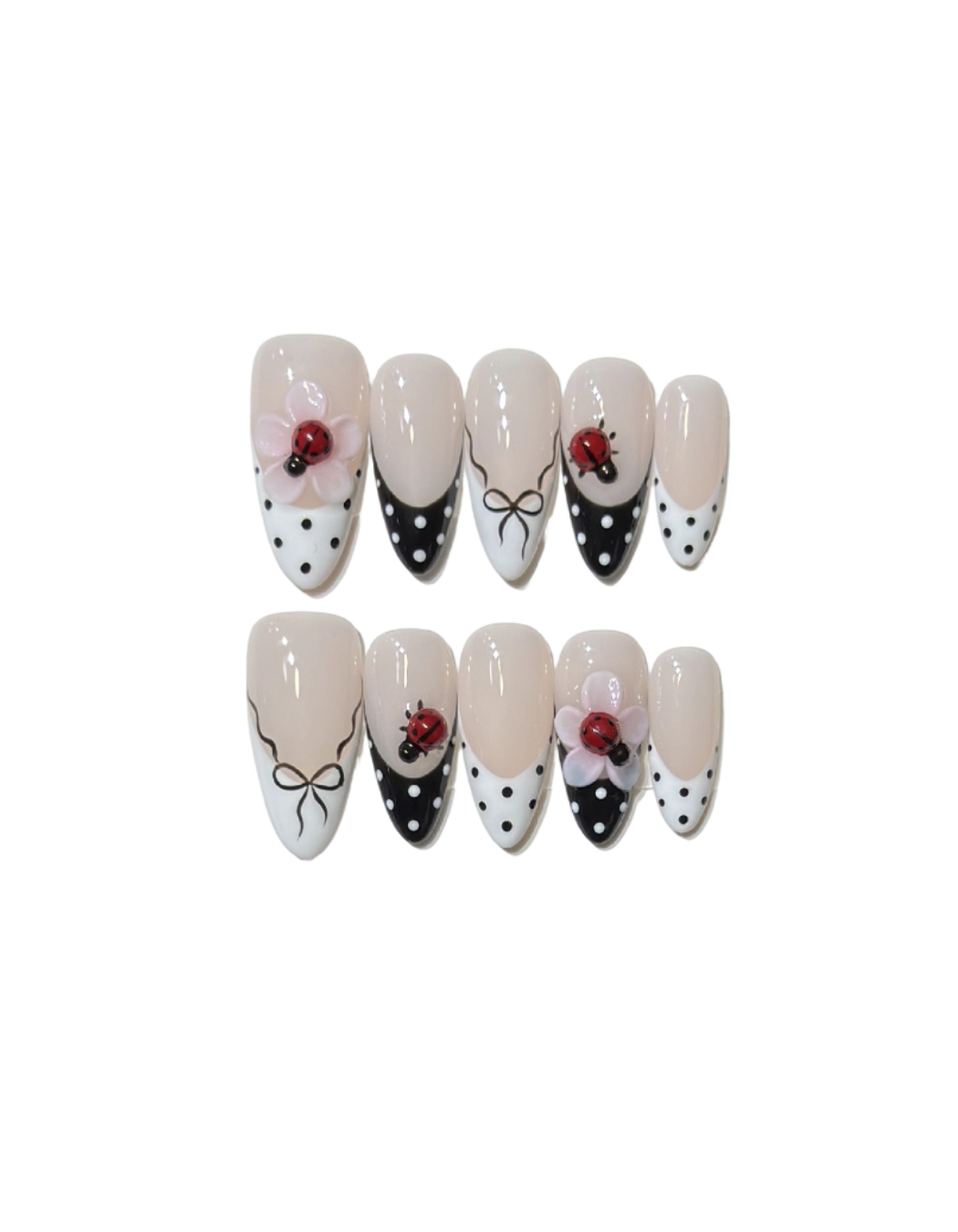 Vintage French Polka Dot Press-On Nails – Black & White French Tip Almond Nails | 3D Ladybug & Bow Coquette Reusable Nail Set 250