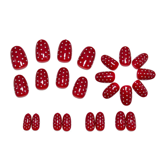 Red Polka Dot Press On Nails Almond Shape Glossy Vintage French Style Fake Nails Reusable Glue On Cute Nail Set 54