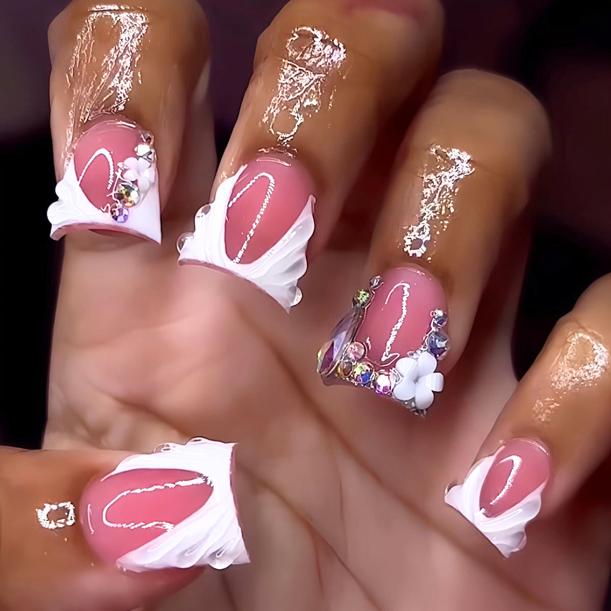 French Tip Press On Nails Short Square Nude Pink 3D Flower Lace Rhinestone Glossy Reusable Acrylic Nails for Women 03