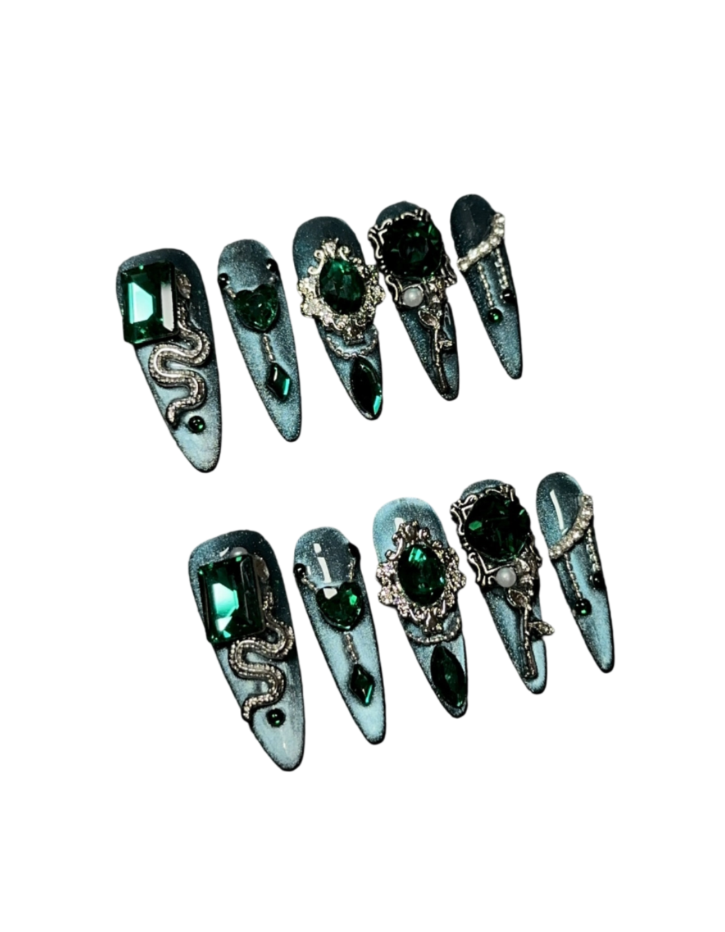 Emerald Snake Press-On Nails – Long Almond Nails with Blue Green Cat Eye Gradient & Vintage Crystal Embellishments | Gothic Luxury Reusable Nail Set 303
