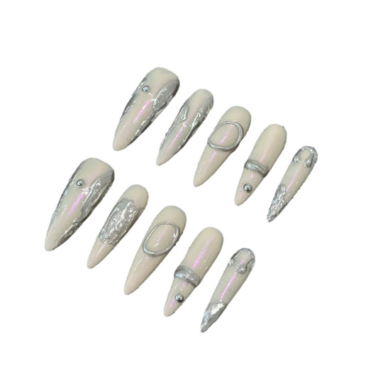 Chrome Stiletto Press On Nails – Iridescent Pearl Base 3D Molten Silver Accents Rhinestones Reusable Futuristic Bridal Set 210