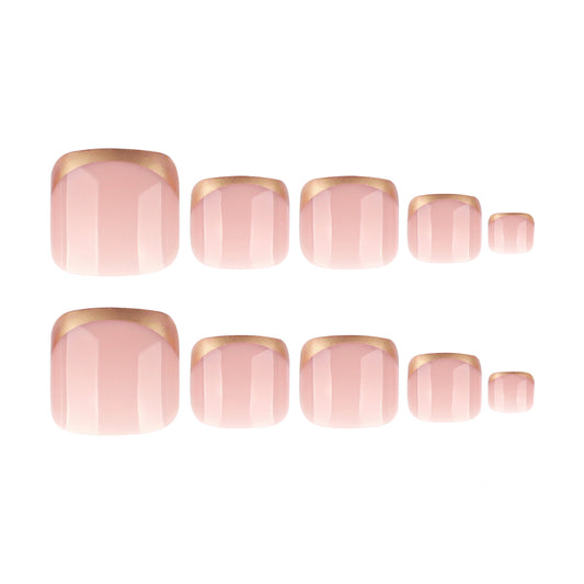 Nude Pink French Tip Press On Toenails with Gold Tips Glossy Short Squoval Shape Minimal Luxury Reusable Full Cover False Toe Nails Kit Elegant Pedicure Nails 102