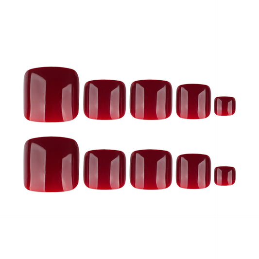 Wine Red Press On Toenails Glossy Solid Color Short Squoval Shape Reusable Full Cover False Toe Nails Kit Classic Elegant Pedicure Nails for Women 106