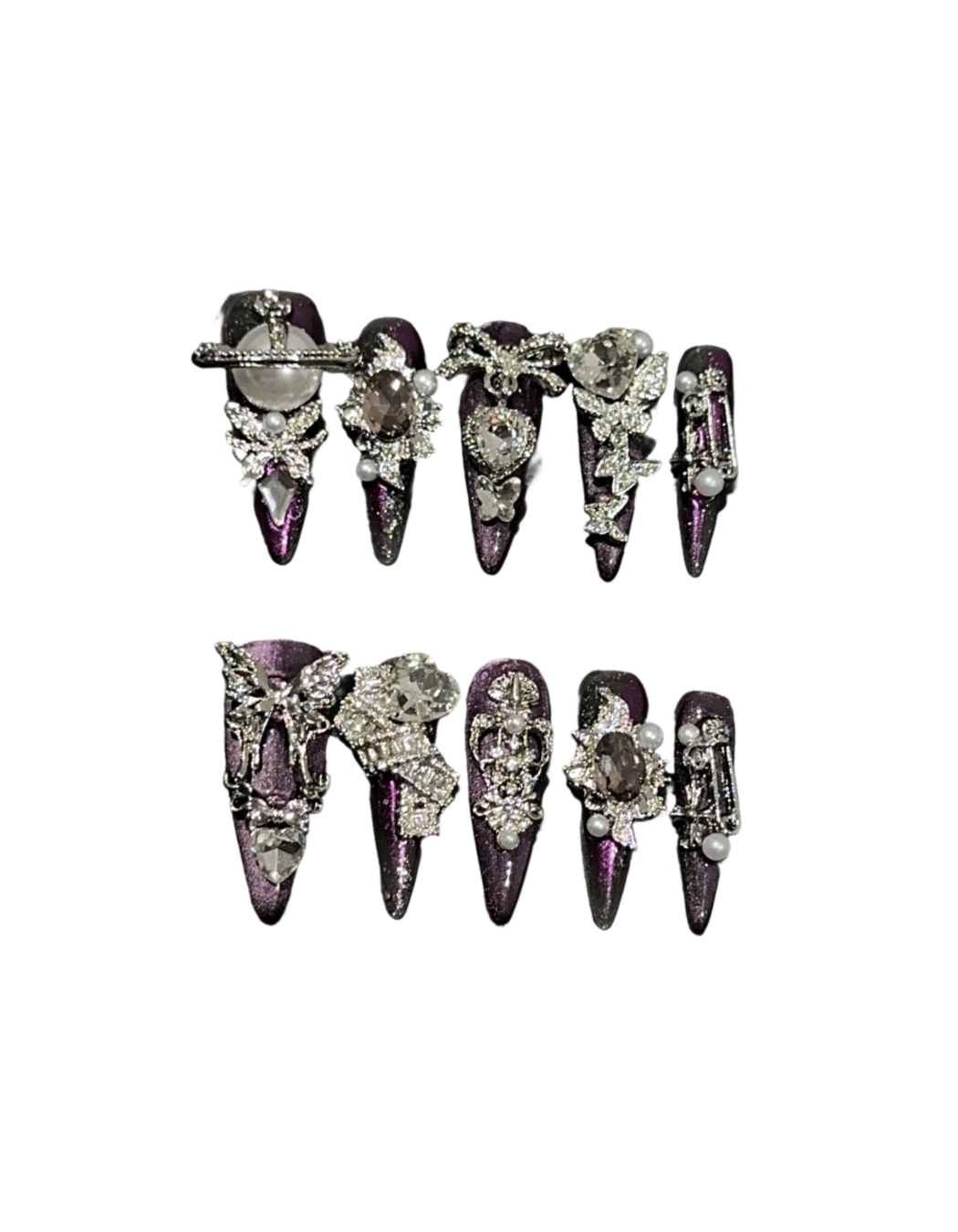 Dark Purple Stiletto Press-On Nails – Metallic Glitter Gothic Nails | 3D Silver Jewelry-Inspired Charm Reusable Nail Set 277