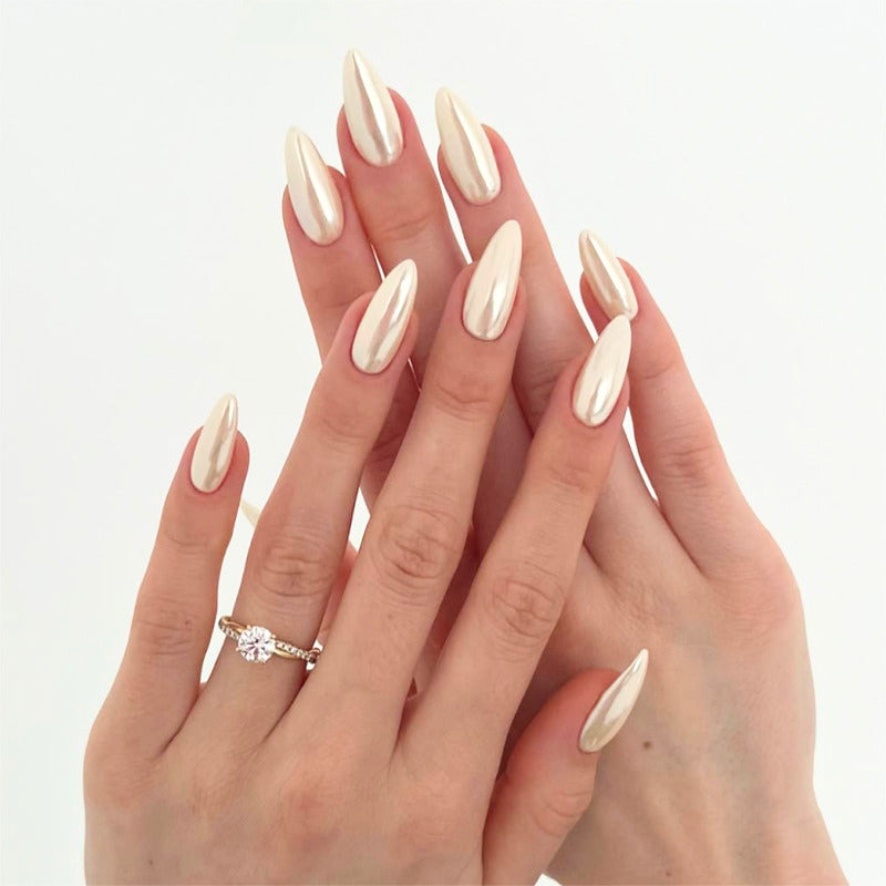 Pearl Chrome Press On Nails Almond Milky White Glossy Full Cover Reusable Glue On Nails for Women Wedding Bridal 04