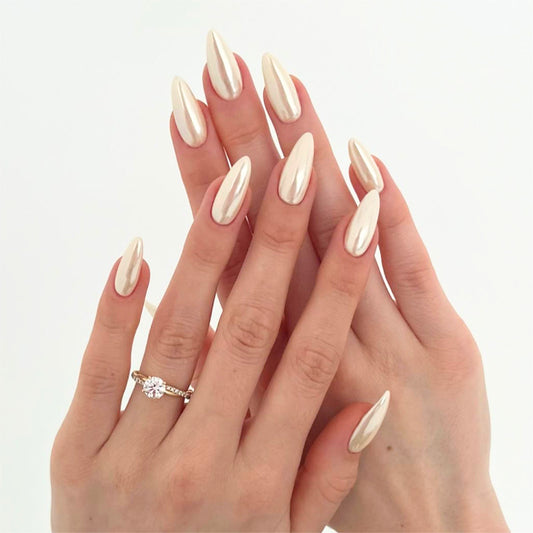 Pearl Chrome Press On Nails Almond Milky White Glossy Full Cover Reusable Glue On Nails for Women Wedding Bridal 04