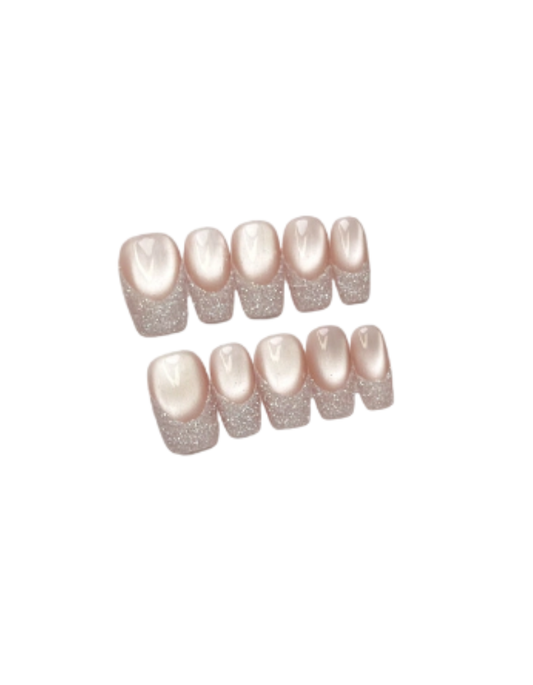Pink Aurora Press-On Nails – Oval Sheer Jelly Nails with White Dot Detail | Glass Shimmer Minimal Reusable Nail Set 280