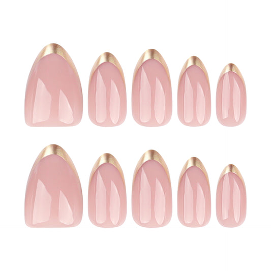 Nude Pink French Tip Press On Nails with Gold Foil Edge Almond Shape Glossy Minimal Luxury Reusable Full Cover False Nails Kit Elegant Clean Girl Aesthetic Nails 91