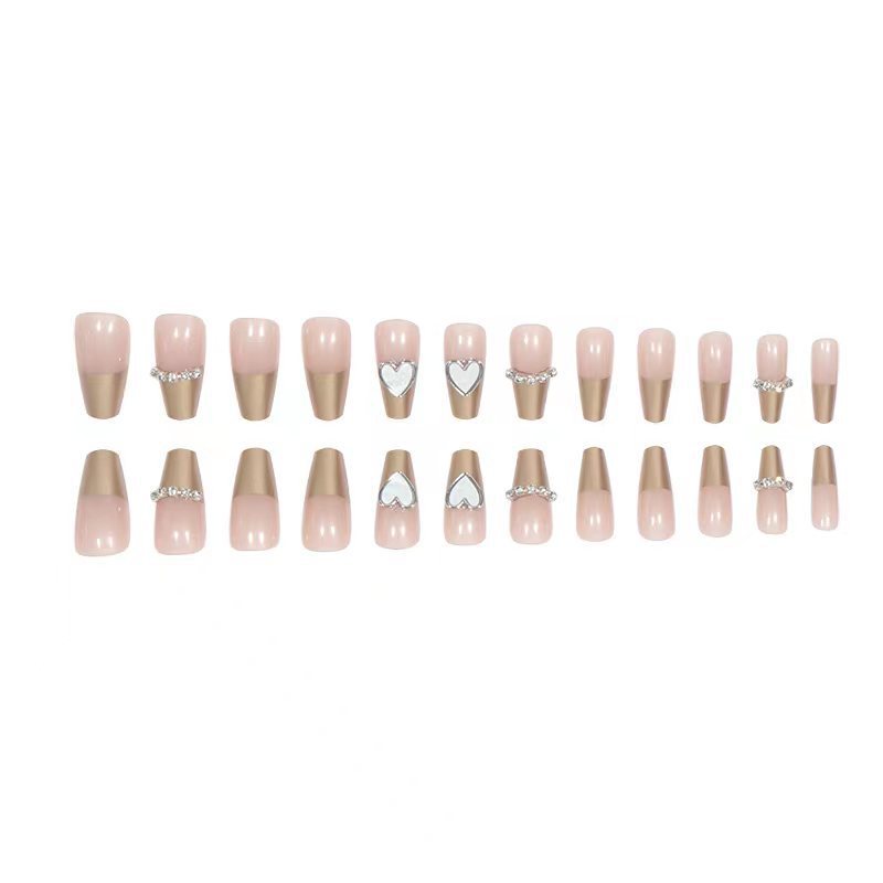 Nude Pink French Tip Press On Nails Gold Brown Glitter Heart Rhinestone Glossy Fake Nails Reusable Glue On Nail Set 58