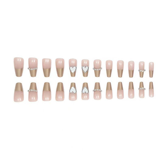 Nude Pink French Tip Press On Nails Gold Brown Glitter Heart Rhinestone Glossy Fake Nails Reusable Glue On Nail Set 58