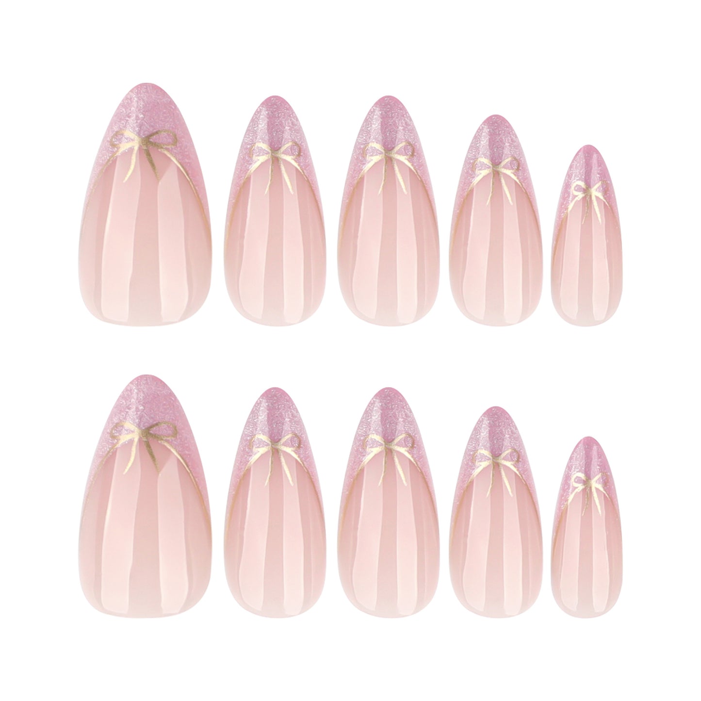 Nude Pink Press On Nails with Gold Bow Glitter French Tip Design Glossy Almond Shape Cute Elegant Full Cover False Nails Kit Reusable 132