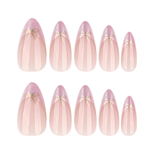 Nude Pink Press On Nails with Gold Bow Glitter French Tip Design Glossy Almond Shape Cute Elegant Full Cover False Nails Kit Reusable 132