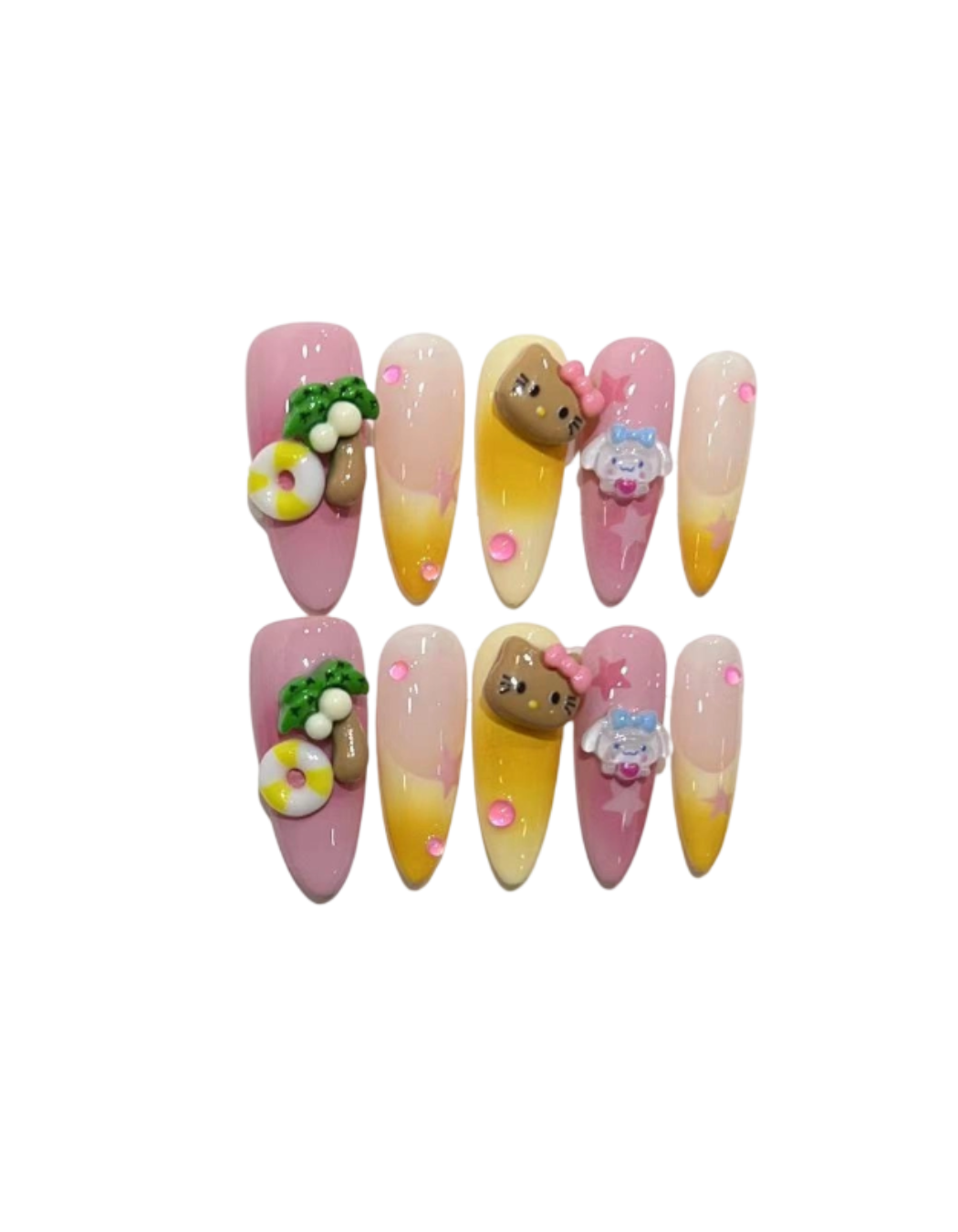 Summer Vacation Press-On Nails – Peach Pink & Sunset Yellow Ombre Almond Nails | 3D Tropical Charms Reusable Nail Set 251