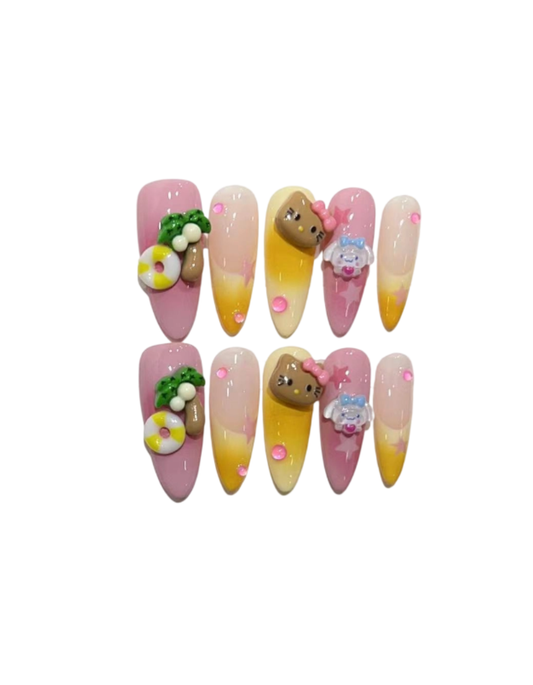 Summer Vacation Press-On Nails – Peach Pink & Sunset Yellow Ombre Almond Nails | 3D Tropical Charms Reusable Nail Set 251