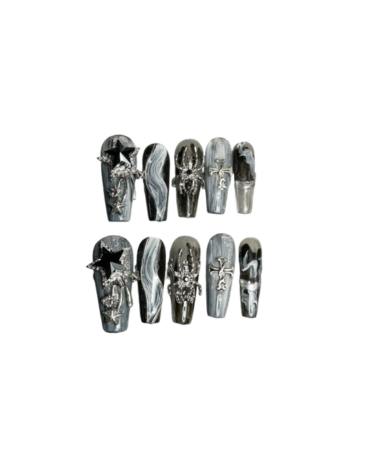 Silver Spider & Cross Press On Nails Black Marble Coffin Shape – 3D Metal Charms Grunge Gothic Reusable Nail Set 212