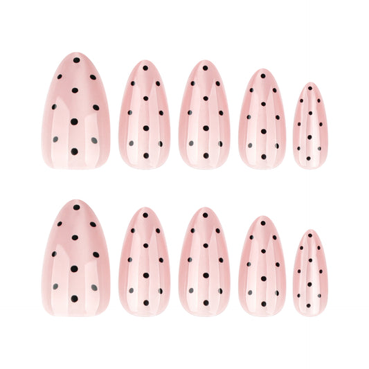 Nude Pink Press On Nails with Black Polka Dots Almond Shape Glossy Vintage Minimal Design Reusable Full Cover False Nails Kit Cute Classic Everyday Nails 97