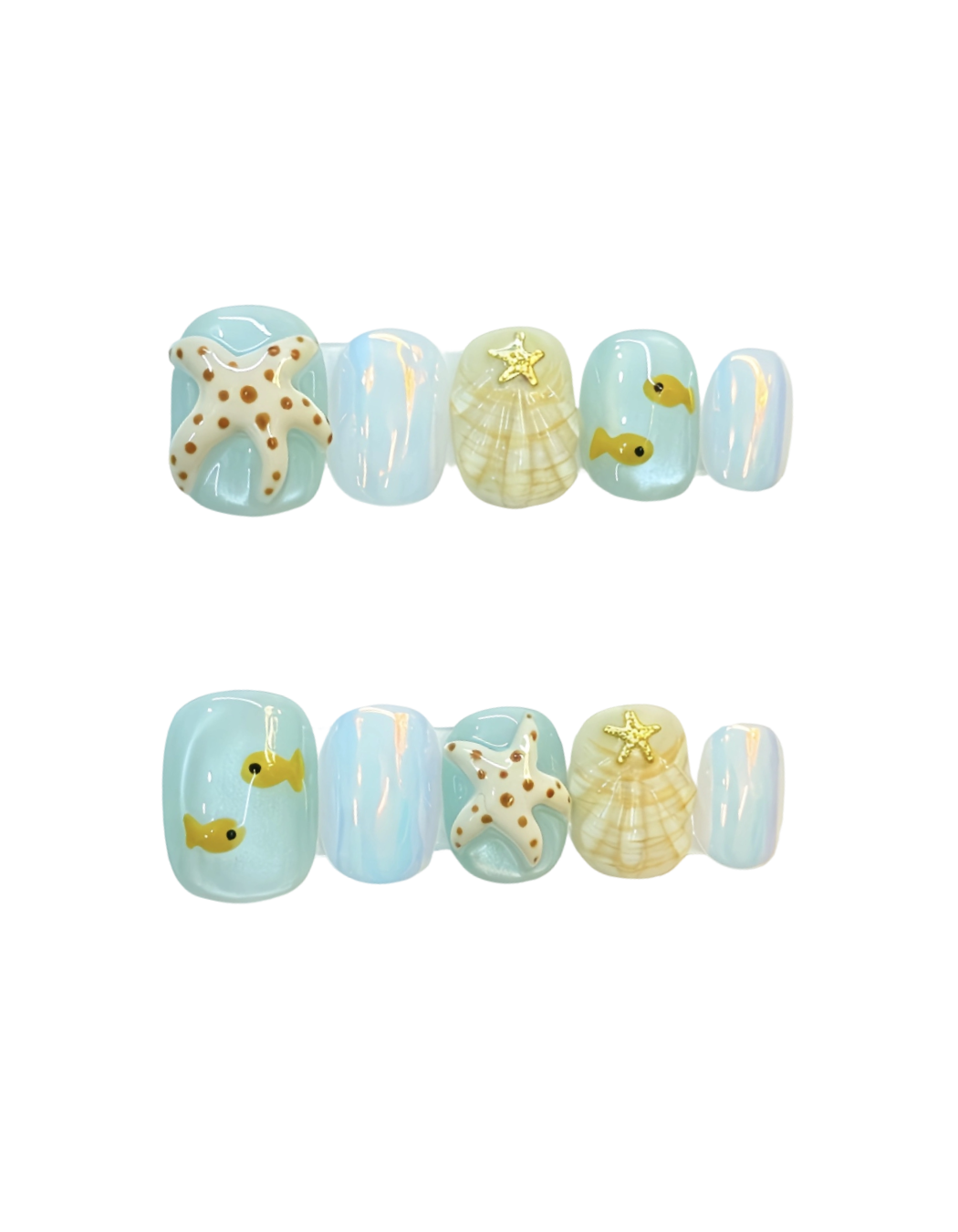 Ocean Blue Press-On Nails – Short Squoval Nails with 3D Sea Star & Shell Details | Coastal Summer Reusable Nail Set 292