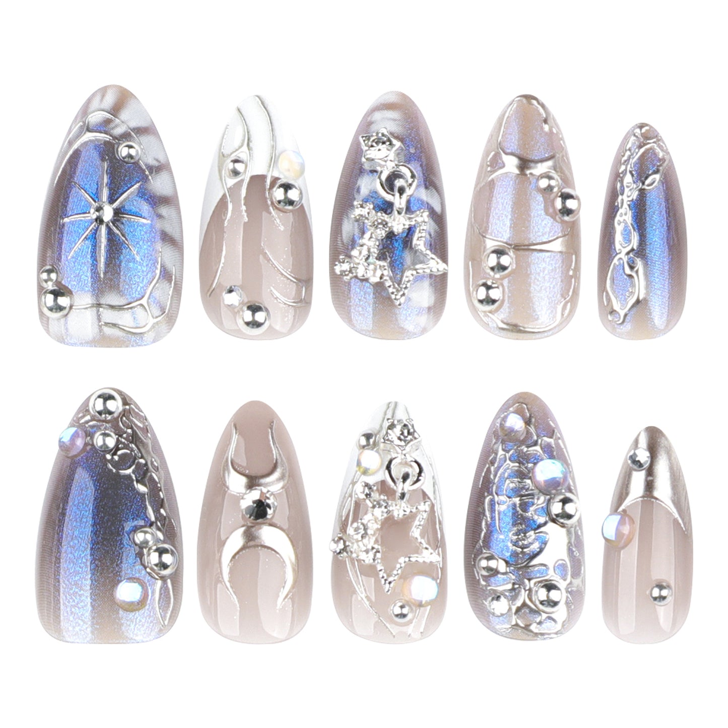 Press On Nails Blue Cat Eye Chrome Star Moon Y2K Nails Silver Chain Rhinestone Pearl Long Almond Glossy Fake Nails Reusable Edgy Aesthetic Cyber Nails for Women Party Festival 76