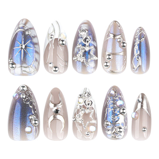 Press On Nails Blue Cat Eye Chrome Star Moon Y2K Nails Silver Chain Rhinestone Pearl Long Almond Glossy Fake Nails Reusable Edgy Aesthetic Cyber Nails for Women Party Festival 76