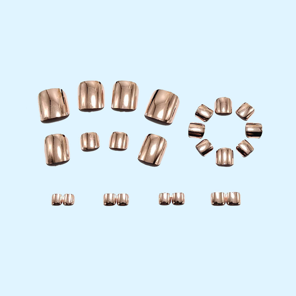 Rose Gold Toe Press-On Nails Metallic Mirror Short Square Reusable Glue On Fake Toenails Summer Set 42