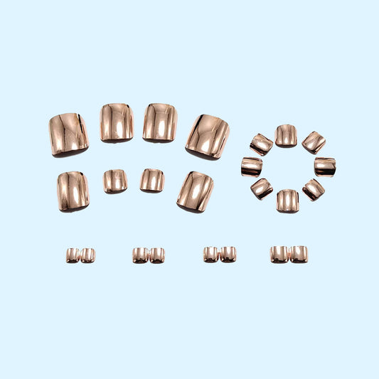 Rose Gold Toe Press-On Nails Metallic Mirror Short Square Reusable Glue On Fake Toenails Summer Set 42