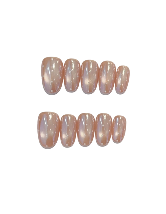 Pink Aurora Press-On Nails – Sheer Jelly Oval Nails with White Dot Detail | Glass Shimmer Minimal Reusable Nail Set 279