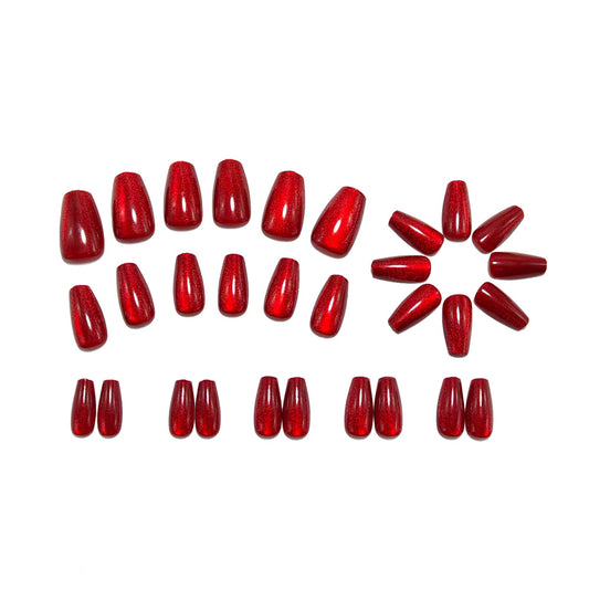 Burgundy Cat Eye Press On Nails Coffin Shape Glossy Dark Red Glitter Fake Nails Reusable Glue On Long Acrylic Nail Set 51