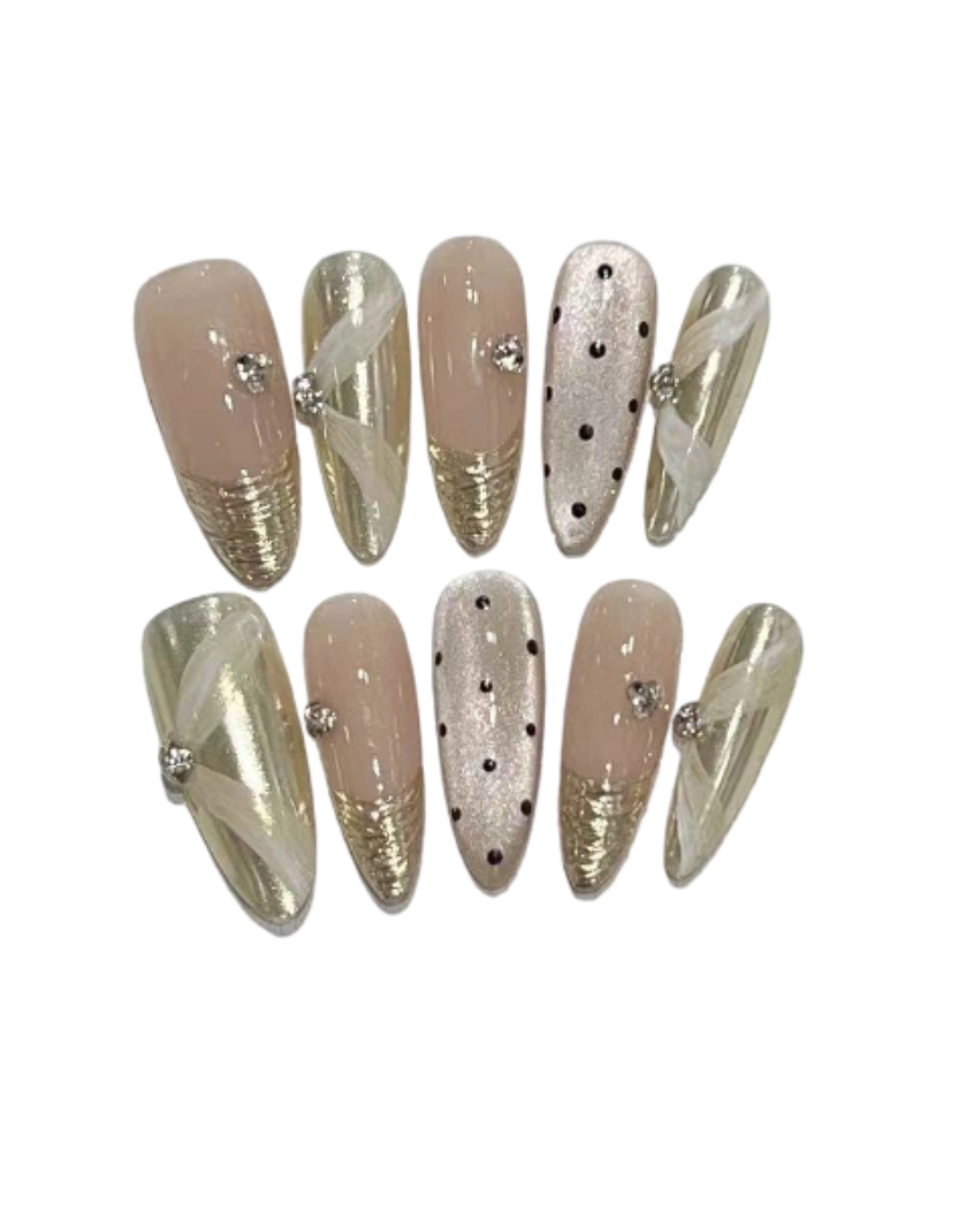 Gold French Bow Press On Nails – Long Almond Nude Nails with 3D Ribbon Bow, Black Polka Dots & Rhinestone Accent Handmade Elegant Vintage Nail Set 224
