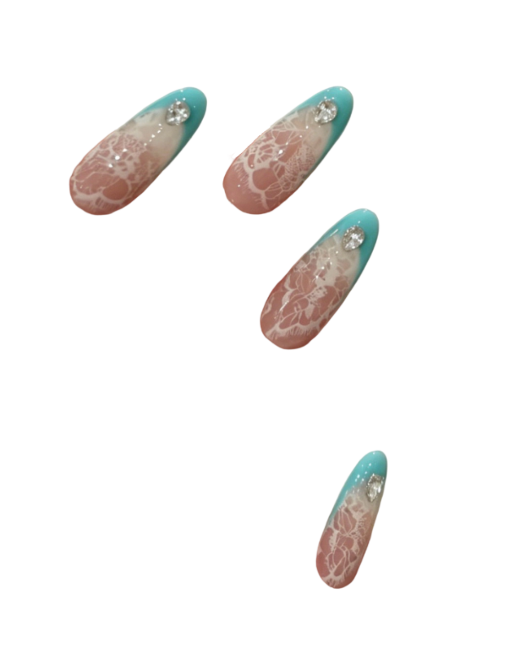 French Lace Press-On Nails – Nude Pink Almond Nails with White Lace Rose & Mint French Tip | Elegant Reusable Nail Set 288