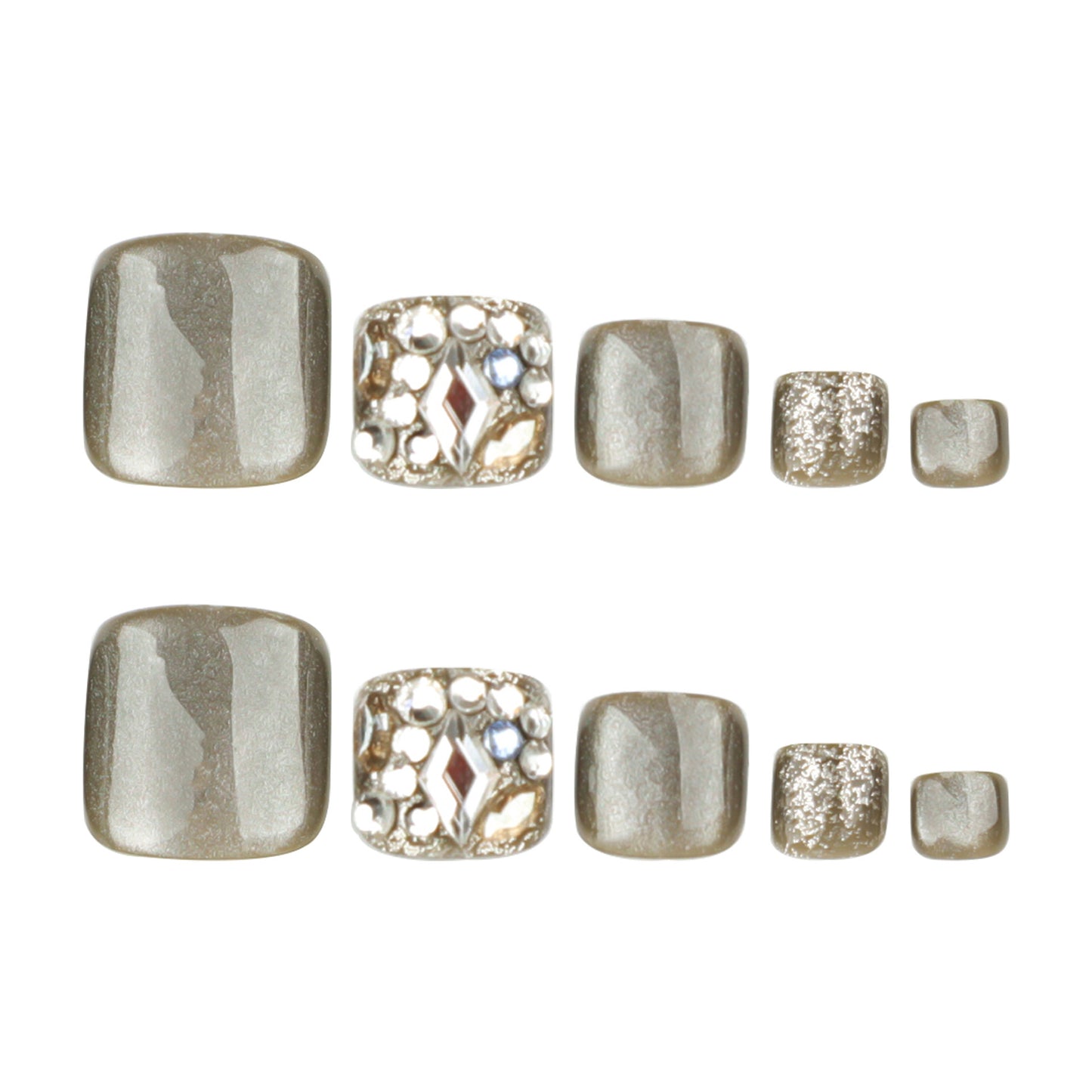 Grey Cat Eye Toe Press On Nails – Short Square Rhinestone Glossy Reusable Pedicure Nails 155