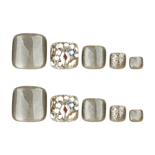 Grey Cat Eye Toe Press On Nails – Short Square Rhinestone Glossy Reusable Pedicure Nails 155