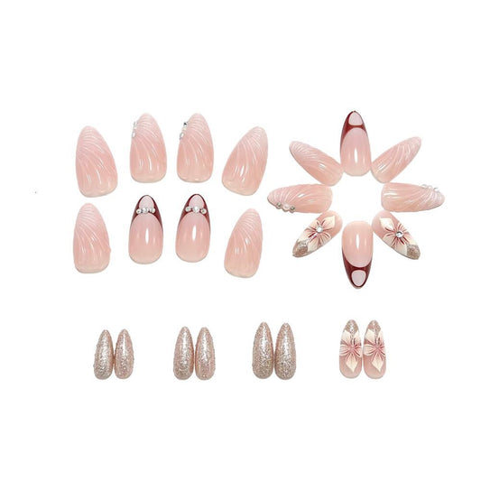French Tip Press-On Nails Almond Shape Burgundy Nude 3D Wave Pearl Reusable Glue On Fake Nails Set 32