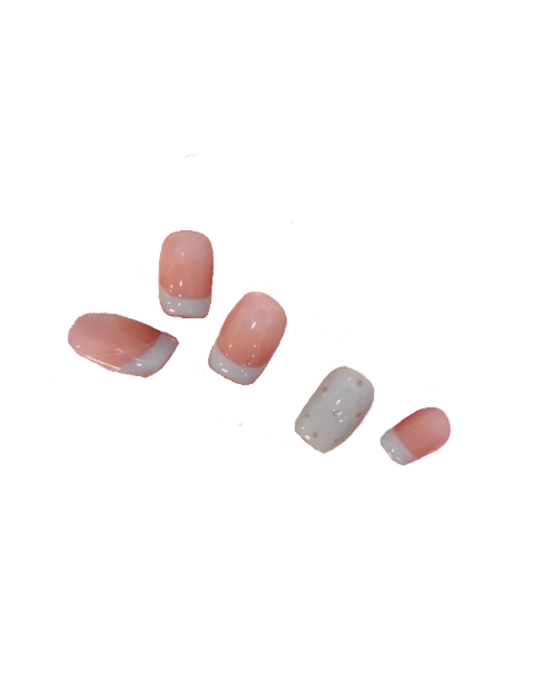 Nude French Tip Press On Nails – Short Squoval Glass Nails with Blue & White French Tips and Polka Dot Details 191