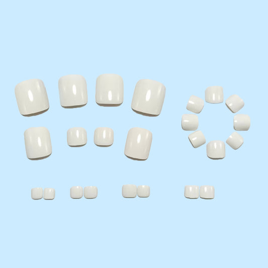 White Toe Press-On Nails Short Square Glossy Reusable Glue On Fake Toenails Natural Summer Pedicure Set 43