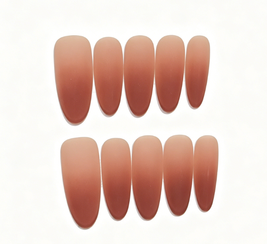 Nude Brown Press On Nails – Almond Shape with Matte Coffee Ombre Gradient, Reusable Full Cover Set 170
