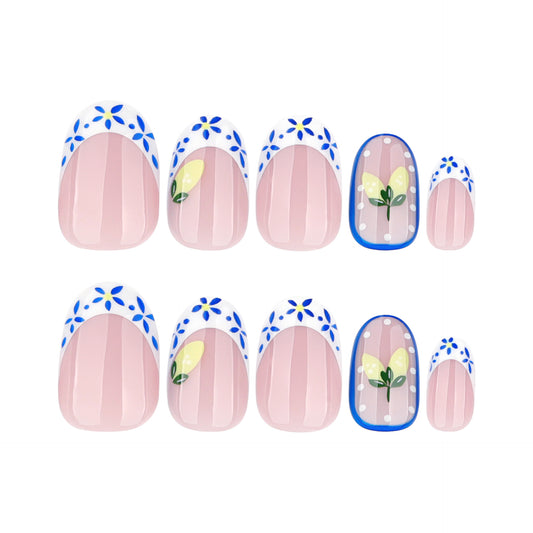 Nude Pink Lemon Press On Nails Floral French Tip Blue Flower Summer Oval Shape Glossy Cute Fake Nails Reusable Full Cover Natural Fresh Nail Kit 124