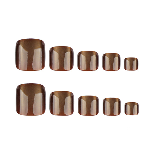 Brown Cat Eye Press On Toenails Glossy Solid Color Short Square Shape Reusable Full Cover False Toe Nails Kit Minimal Elegant Pedicure Nails for Women 101