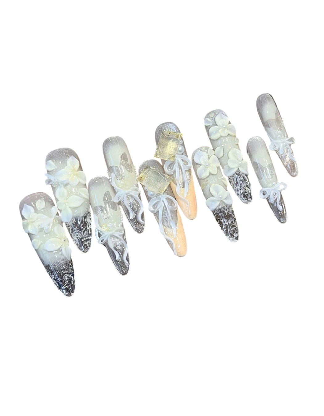 Ballet Oval Press-On Nails – Sheer Nude to Yellow Gradient Nails with 3D Flower, Bow & Crystal Accents | Romantic Luxury Reusable Nail Set 297