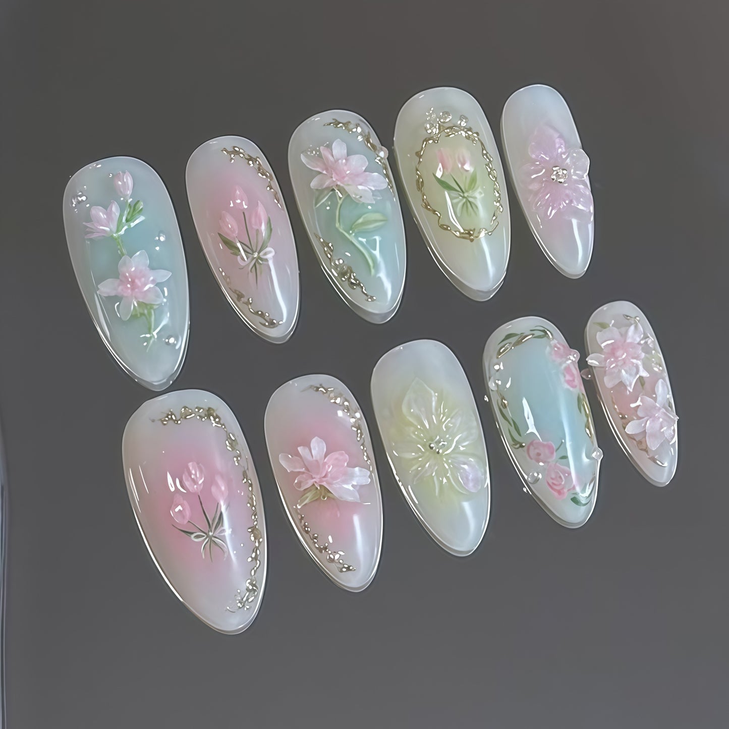 Pastel Press-On Nails Almond Shape 3D Flower Bow Gradient Reusable Glue On Fake Nails Spring Set 37