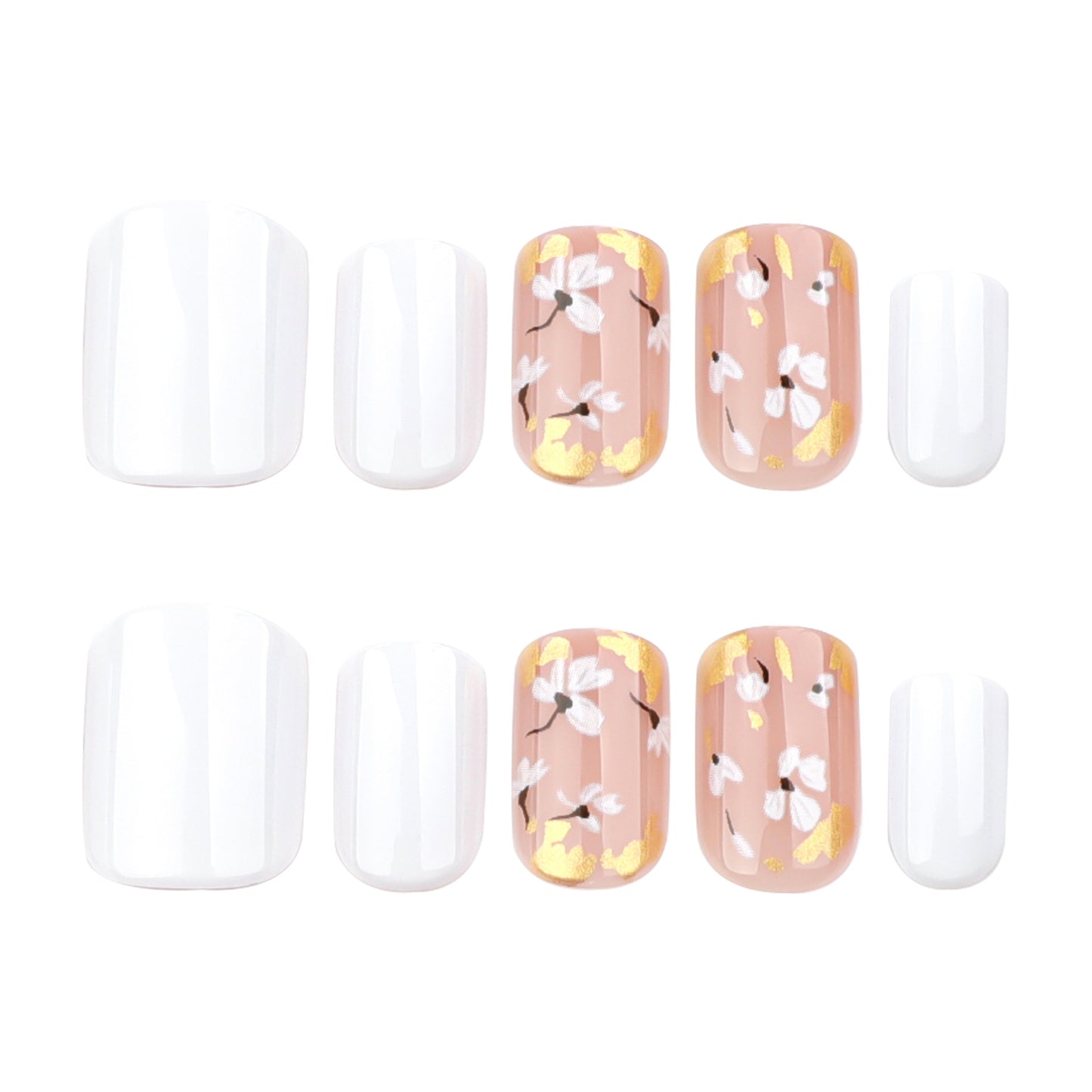 White and Nude Pink Press On Nails with Floral Design Gold Foil Accent Glossy Short Squoval Shape Minimal Elegant Full Cover False Nails Kit Reusable 114