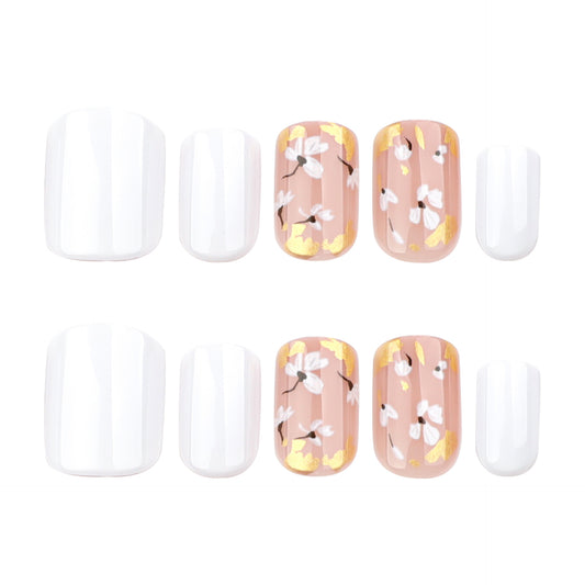 White and Nude Pink Press On Nails with Floral Design Gold Foil Accent Glossy Short Squoval Shape Minimal Elegant Full Cover False Nails Kit Reusable 114