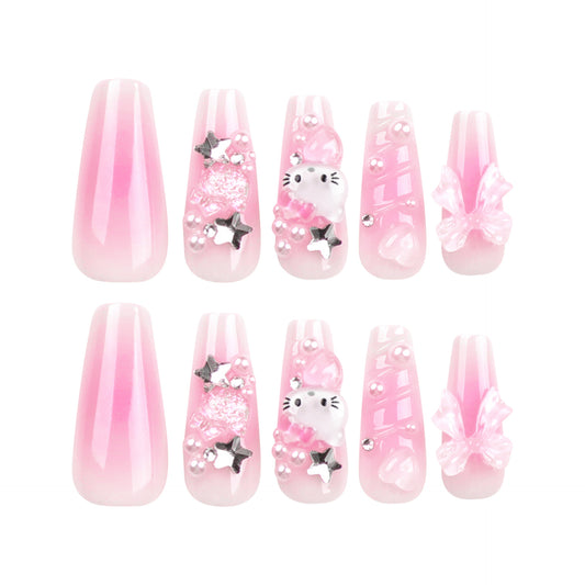 Press On Nails Pink Ombre Hello Kitty 3D Bow Pearl Rhinestone Cute Kawaii Nails Long Almond Glossy Fake Nails Reusable Coquette Aesthetic Nails for Women Party Birthday 81