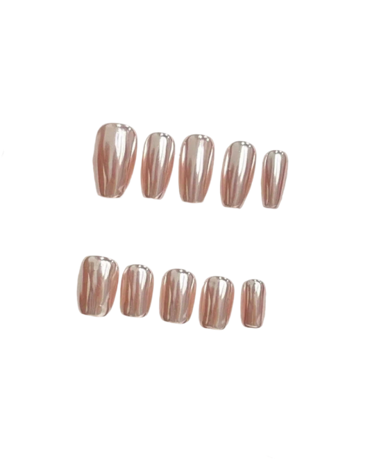 Rose Gold Mirror Metallic Press On Nails – Short Almond Glossy Reusable Acrylic Nails 15