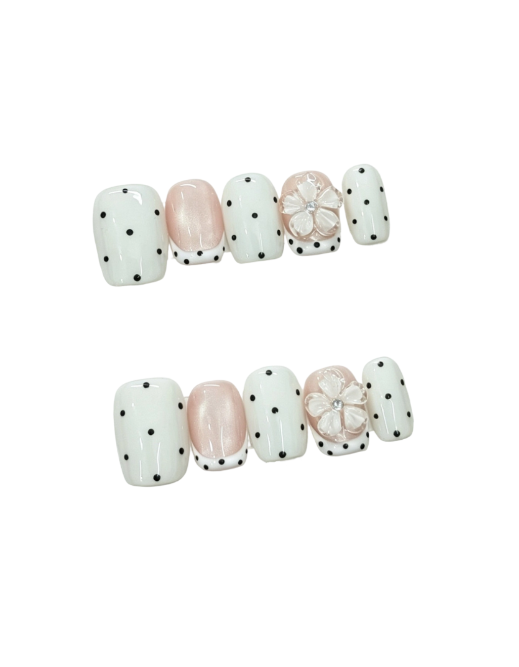 Milky White Press-On Nails – Squoval Nails with Nude Pink French Cat Eye & Black Polka Dot Floral Detail | Vintage Feminine Reusable Nail Set 284