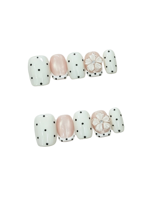 Milky White Press-On Nails – Squoval Nails with Nude Pink French Cat Eye & Black Polka Dot Floral Detail | Vintage Feminine Reusable Nail Set 284